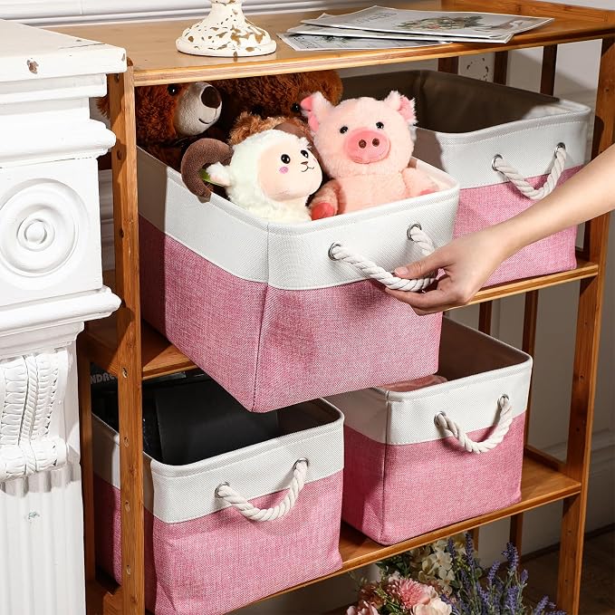 meekoo 8 Pack Collapsible Storage Bins Fabric Storage Bins Polyester Fabric Baskets with Handles Linen Closet Organizer for Shelf Home Closet Towels Toys(15 x 11 x 9.5 in,Pink White) - Image 2