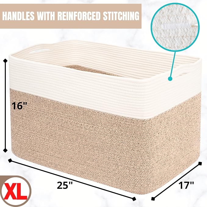 112L Extra Large Blanket Basket Holder Living Room, 25"x17"x16" Rectangle Rope Woven Storage Basket with Handles for Laundry, Pool Towels, Shoes, Dog Toy Organizer Bin Box, Light Brown - Image 7