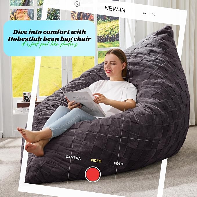 Hobestluk Adult Bean Bag Chair 3 in 1 Convertible Large Bean Bag Sofa | Plaid Dark Grey,Machine Washable,Removable Cover,Easy Convert And Install,Floor Bed,For Livingroom Bedroom - Image 7
