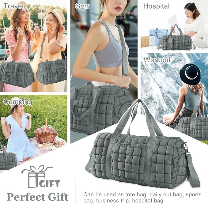 Quilted Travel Duffle Bag Gym Bag for Women,Large Puffer Duffle Weekender Bag with Compartment,Workout Overnight Carry on Organizer Bag Duffle Bag for Airplane Travel(Grey) - Image 6
