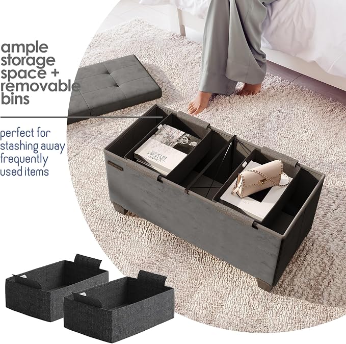 Storage Ottoman Bench with Bins, 30-in Storage Bench for Bedroom End of Bed, Folding Foot Rest Ottoman for Living Room Max 660lbs, Velvet Ottomans, Grey - Image 4