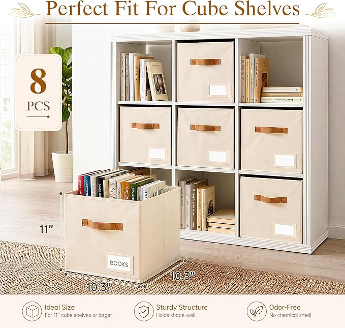 Storage Cubes 8 Pack, 11 Inch Fabric Storage Cubes Organizer Bins with Labels, Odor-Free & Sturdy PP Structure, Cubby Baskets for Closet, Shelves, Toys & Nursery (Beige) - Image 2