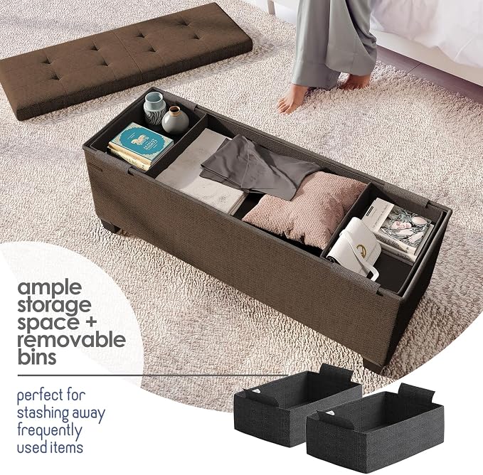 Storage Ottoman Bench with Bins, 43-in Storage Bench for Bedroom End of Bed, Folding Foot Rest Ottoman for Living Room Max 660lbs, Fabric Ottomans, Brown - Image 3