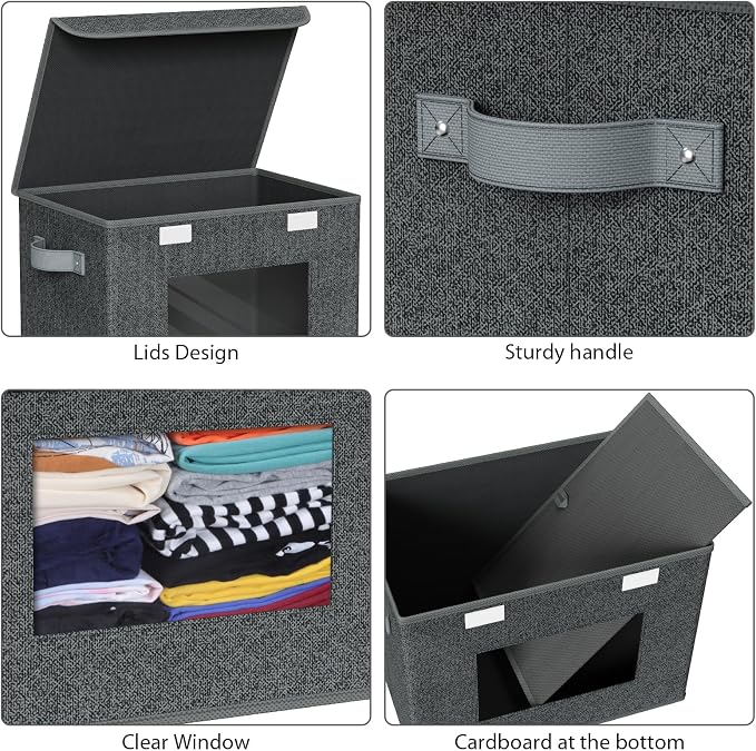 Univivi Fabric Foldable Storage Boxes with Lids, 4 Pack, Black | 17 x 12 x 12 In Large Storage Bins with lid & Carry Handles, Stackable Design Closet Storage Containers for Home Clothes - Image 4