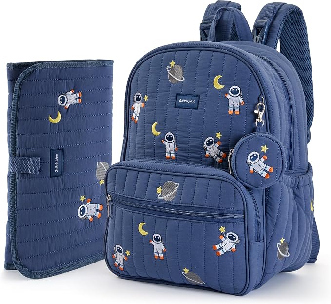 Large Diaper Bag Backpack with Changing Pad, Insulated Bottle Pockets, Travel & Hospital Bag for Mom & Dad (Large - Navy Astronauts) by GoBabyMart