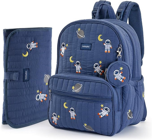 Large Diaper Bag Backpack with Changing Pad, Insulated Bottle Pockets, Travel & Hospital Bag for Mom & Dad (Large - Navy Astronauts) by GoBabyMart