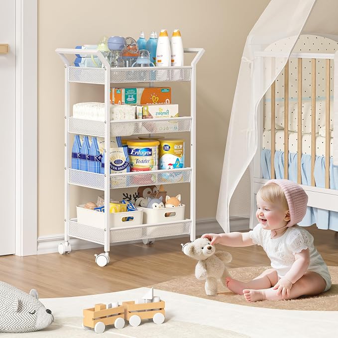 Baby Diaper Caddy Cart, 4-Tier Diaper Caddy Organizer and Storage, Rolling Utility Cart for Baby Supplies, Diaper Cart with Wheels for Bedroom, Nursery, Changing Table, White - Image 2