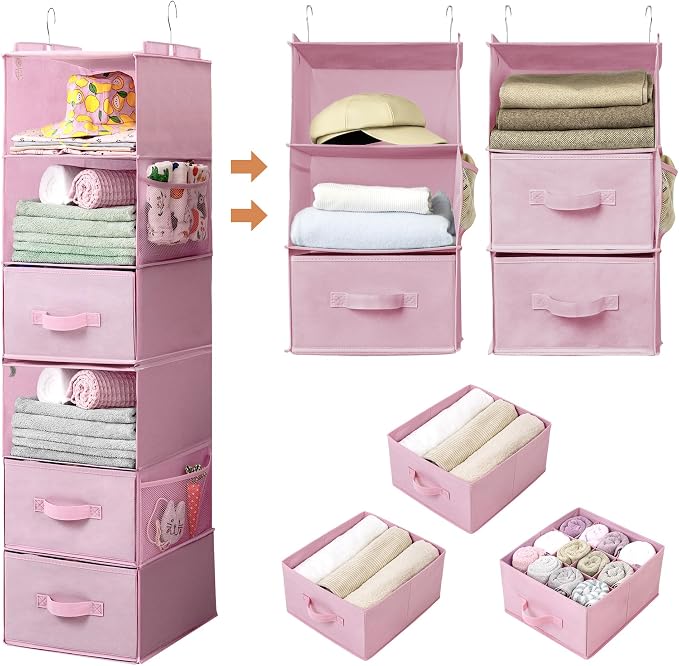 GRANNY SAYS Hanging Closet Organizer, 5 Drawers, 6 Shelves, 6 Pockets, Pink | Hanging Closet Organizer with 5 Different Drawer Designs, 6 Shelves & Reinforced Structure for Organized Small Spaces by GRANNYSAYS