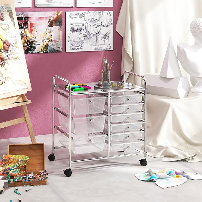 RELAX4LIFE 9 Drawer Rolling Storage Cart - Mobile Drawer Carts for Craft Art Supply Paper Salon, Utility Cart on Wheels for Classroom Teacher School Office, Rolling Cart with Drawers (Clear) - Image 8