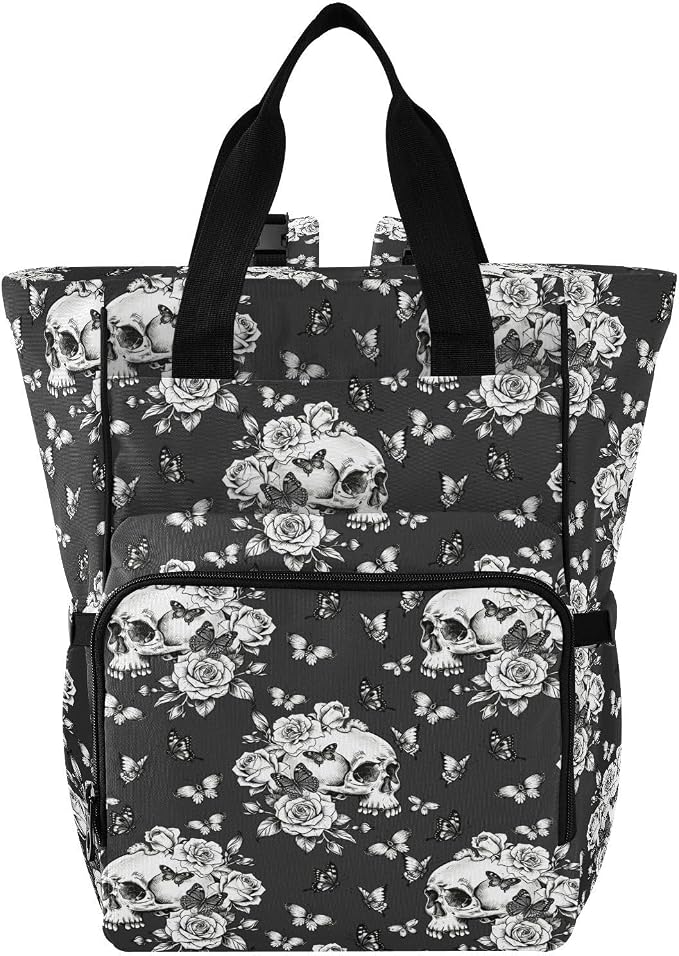 MNSRUU Diaper Bag Goth Skull Butterdlies Diaper Bag Backpack Multifunction Travel Diaper Bag Tote Large Capacity Diaper Changing Backpacks for Moms Dads by MNSRUU