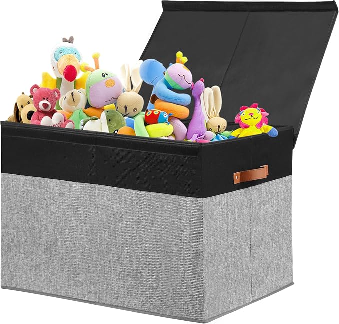 Large Toy Storage Box with Lid, Toy Chest Bin Boxes Basket with Dividers | Sturdy Toy Organizer Bin for Kids, Boys, Girls, Nursery, Living Room, Bedroom, Playroom 25"x13" x16" (Black and Grey) by Gowee