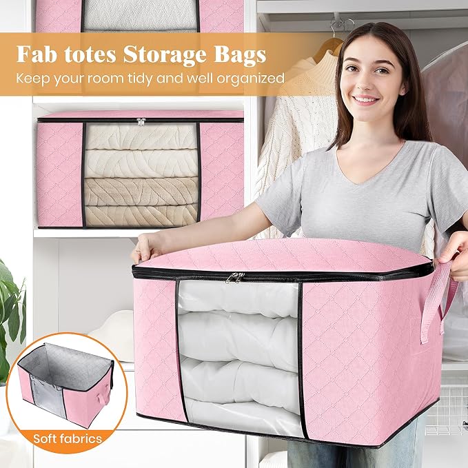 3 Pack Storage Bags for Clothes Blanket Storage Bins with Lids | Foldable Closet Organizers with Zippers,Window and Handles,Fabric Storage Bins for Sweater,Comforter,Bedding,Dorm essentials - Image 5