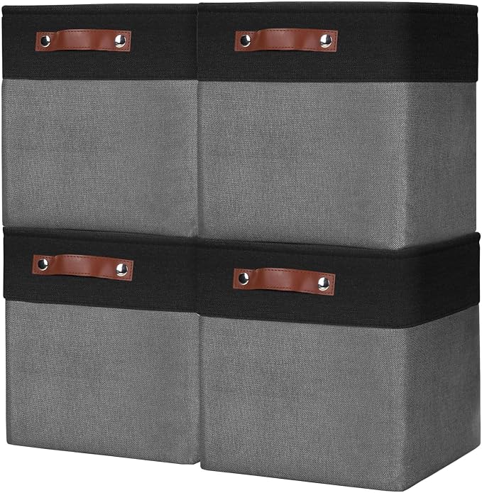 Collapsible Fabric Storage Cubes 11x11 Cube Storage Bins, 4 Pack Closet Baskets Box with Handles for Organizing, Shelf, Toys, Clothes, Home, Office, Nursery (Grey&Black) by Bagnizer