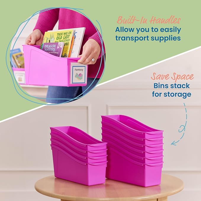 ECR4Kids Linking Plastic Storage Book Bin, Multipurpose Organization, Neon Purple, 10-Piece | Durable plastic with built-in handles, interlocking, nestable, ideal for books, magazines, and files in a classroom or office - Image 3