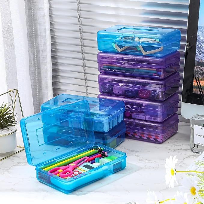 Fainne 24 Pack Clear Plastic Pencil Box,Blue, Purple | Stackable Organizer for School Supplies, Large Case for Crayons Markers, Snap-lid Keeps Stationery Secure, Bulk Set - Image 4