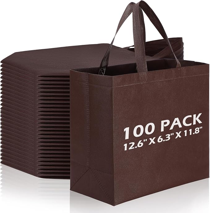 Reginary 100 PCS Non Woven Tote Bags Bulk,Brown | Reusable Shopping Bags with Handles, Stores, Groceries Markets, Events Gift, Party Supplies by Reginary