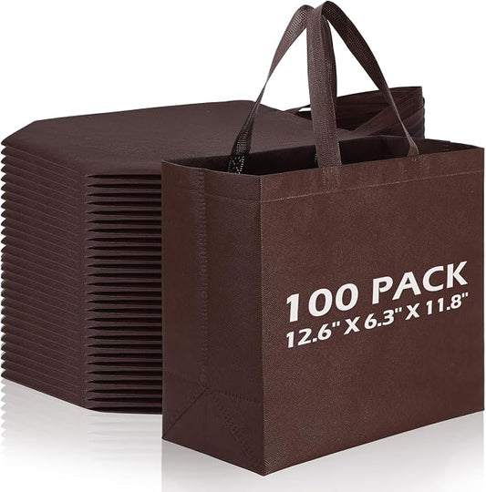 Reginary 100 PCS Non Woven Tote Bags Bulk,Brown | Reusable Shopping Bags with Handles, Stores, Groceries Markets, Events Gift, Party Supplies by Reginary