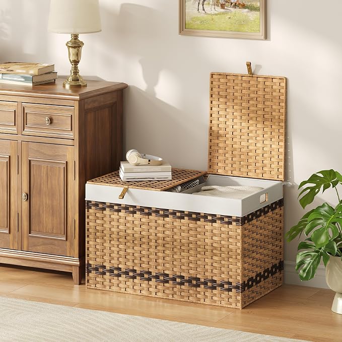 HOOBRO Storage Basket with Lid, 42.3 Gallon (160L) Wicker Storage Basket with 2 Separate Lid, Blanket Storage Bin with 2 Removable Liner Bags, for Bedroom, Laundry, Natural and Brown NL276CW01 - Image 5