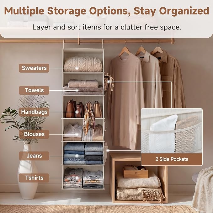 StorageWorks 6-Shelf Jumbo Closet Organizers, Two 3-Shelf Separable Hanging Shelves for Closet, 13 "D x 15" W x 47 ¼" H,Mixing of Beige, White & Ivory - Image 8