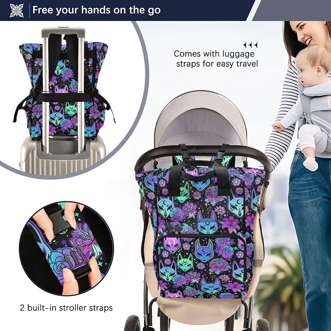 Mnsruu Diaper Bag Magic Purple Fox Camellia Large Changing Backpack Multifunction Travel Tote Mommy Bag Baby Diaper Backpack for Mom Dad - Image 3