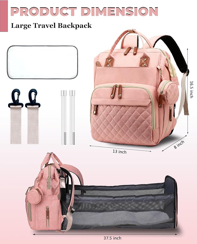 Diaper Bag with Changing Station, Waterproof 3 in 1 Diaper Backpack with Foldable Changing Pad, Large Travel Backpack for Mom & Dad, Baby Gift for Girl & Boy,Pink - Image 4