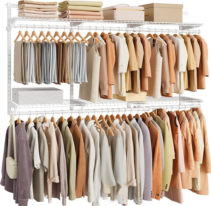SONGMICS HOME Closet System, Closet Insert Organizer, 4-6 ft, Adjustable Metal Shelving Unit with 6 Hanging Rods, 6 Shelves, and Hooks, for Pantry Mudroom Garage Basement, Cloud White URGR032W01 by SONGMICSHOME