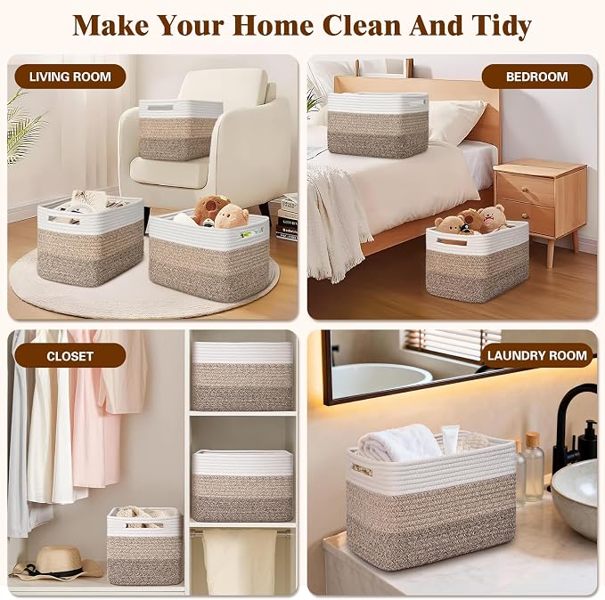 Storage Baskets for Organizing, 4 Pack Baskets for Shelves, Decorative Storage Bins for Shelves, Cotton Rope Storage Basket with Handles, Woven Basket for Storage, 13''Lx8.7''Wx7.9''H, Gradient Brown - Image 6