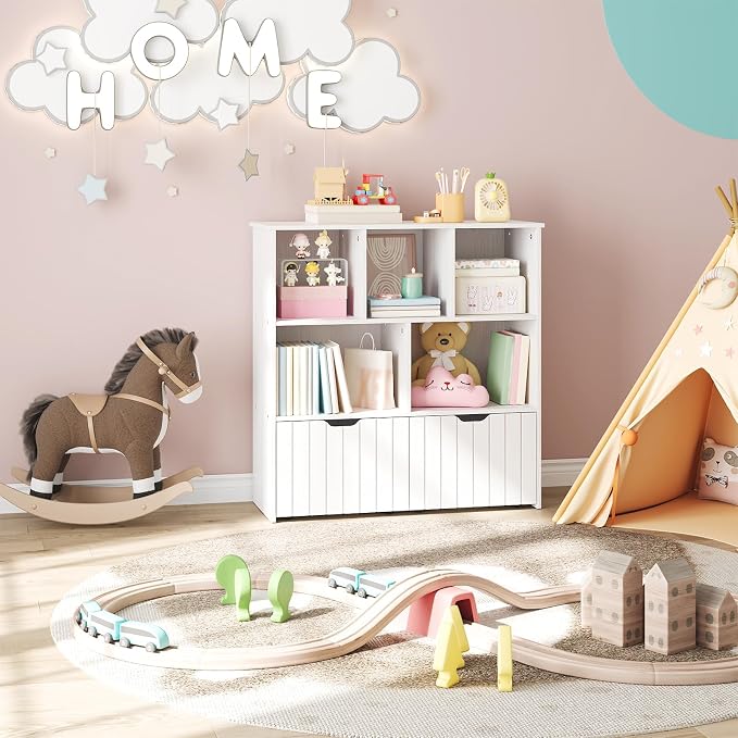 HOOBRO Toy Storage Organizer, Toy Organizers and Storage with 2 Movable Drawers and 5 Cubbies, Toy Chest Shelf for Books or Dolls, Kids Bookshelf and Toy Storage for Playroom, White WT88CW01 - Image 4