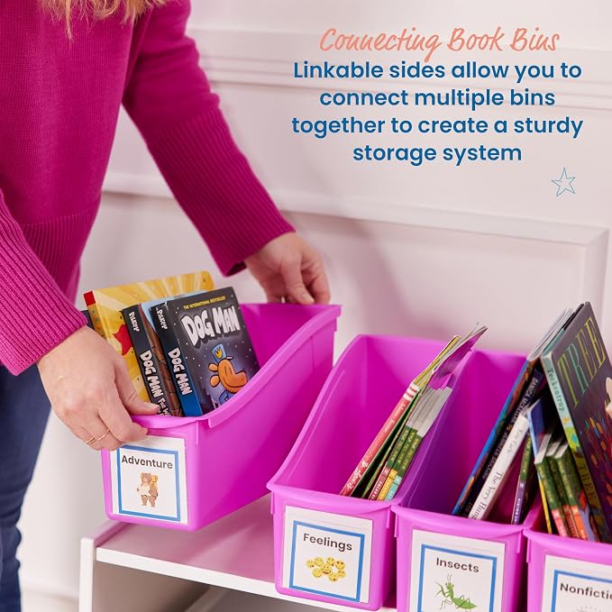 ECR4Kids Linking Plastic Storage Book Bin, Multipurpose Organization, Neon Purple, 10-Piece | Durable plastic with built-in handles, interlocking, nestable, ideal for books, magazines, and files in a classroom or office - Image 4
