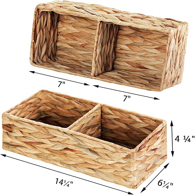 2 Section Wicker Storage Basket, Set of 2 Hand-woven Water Hyacinth Storage Baskets, Toilet Tank Basket, Small Wicker Baskets, Woven baskets, Baskets for Organizing Storage Shelves, 2-Pack - Image 2