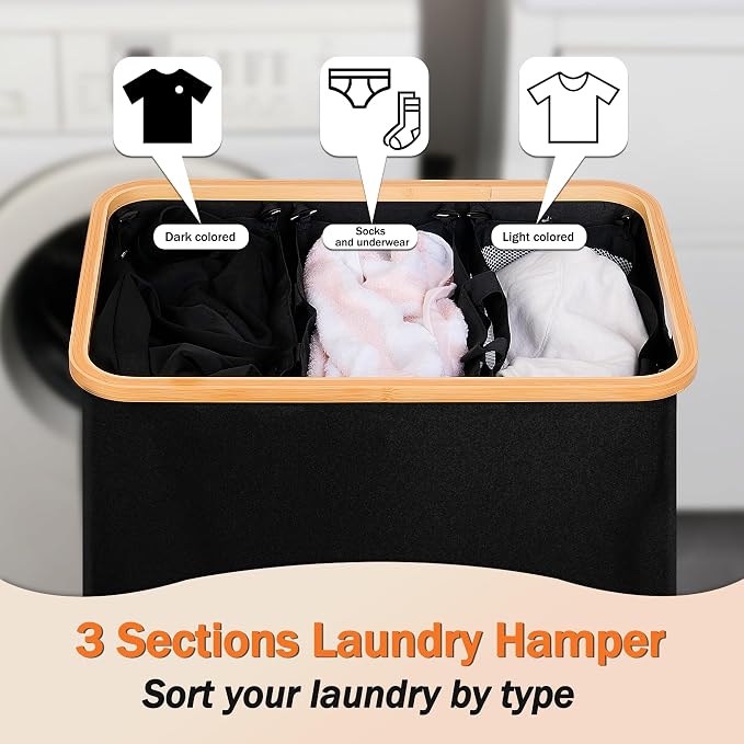 efluky Laundry Hamper with Lid, Trio Laundry Basket with 2 Removable Bags, 3 Section Laundry Bin with Bamboo Handles for Bathroom, Bedroom & Laundry Room, 160L (42.3 Gallon) Black - Image 4