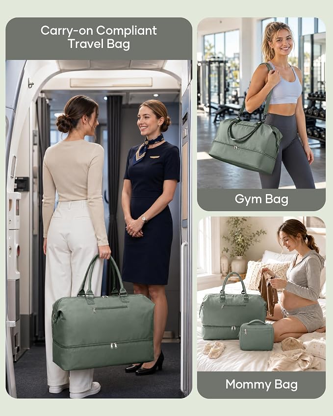 Travel Duffel Weekender Bag Women Tote Carry On Bags With Shoe Compartment | Travel Overnight Bags with Trolley Sleeve for Airplanes Waterproof Lightweight Sport Tote Gym with Toiletry Bag Green. - Image 8