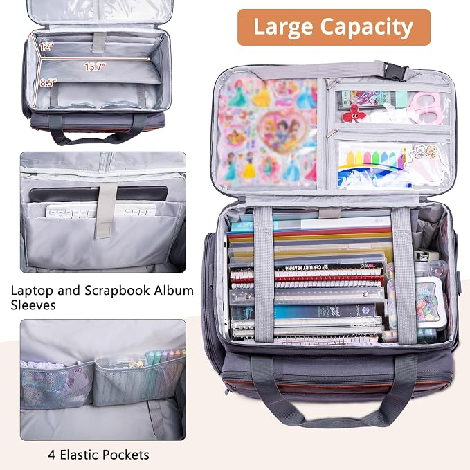 AMOIGEE Rolling Craft Bag with Wheels, 360° Swivel Rolling Scrapbook Organizer for Cricut, Paper Crafts, Classroom Supplies, Large Teacher Tote with Detachable Trolley for Men, Women - Image 3