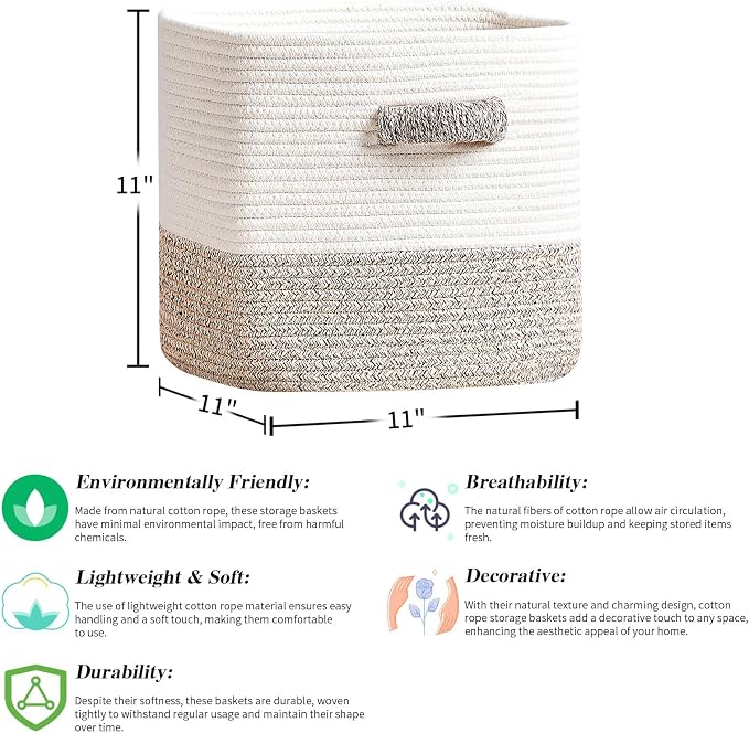 R RUNKA Storage Cube Baskets 3-Pack - 11 inch Square Baskets, Closet & Shelves Organizers - Woven & Drawer Storage - Ideal for Toys | White & Beige - Image 2
