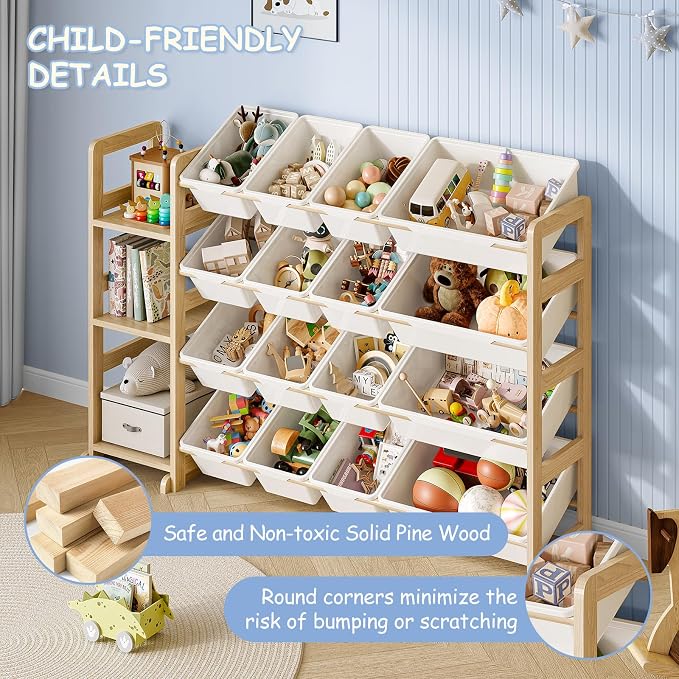 EXPERLAM Toy Storage Organizer, Toy Storage Shelf with 3 Shelves and 16 Storage Bins (12 Small + 4 Large), 3-in-1 Kids Bookshelf for Kids Rooms, Playroom, Nursery, White - Image 5
