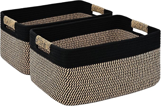 2 Pack Large Storage Basket for Organizing, 17.5"x13"x7" Woven Basket for Shelves, Closet Cube Storage Bins with Wrapped Handle, Cotton Rope Baskets for Kitchen, Clothes, Toys(Black & Brown) by Degeyoyo