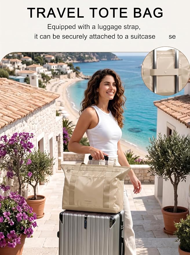 FHELAD Extra Large Glossy Tote Bag for Women, Beach Shoulder Bag 25L | Waterproof Sandproof, 15.6" Laptop Compartment, Luggage Strap, Work, Travel - Image 5