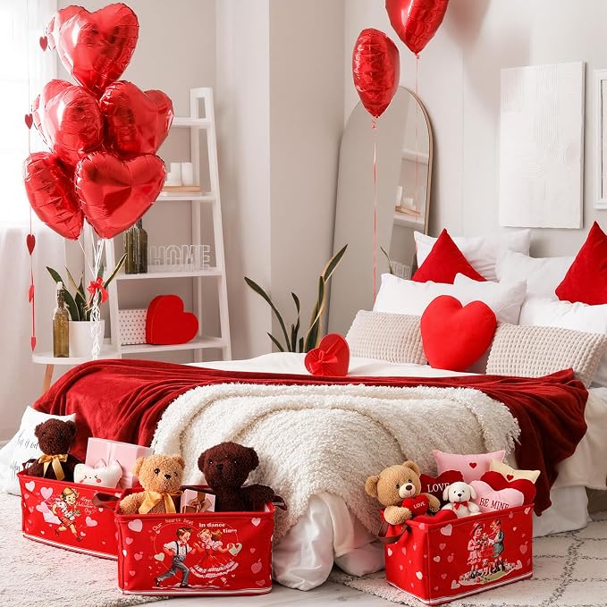CHENGU 6 Pack Valentine's Day Storage Basket Vintage Valentine's Day Basket for Gift Collapsible Red Heart Holiday Decor Retro Large Bin Foldable Waterproof Box with Handle for Bedroom Laundry Nursery - Image 4