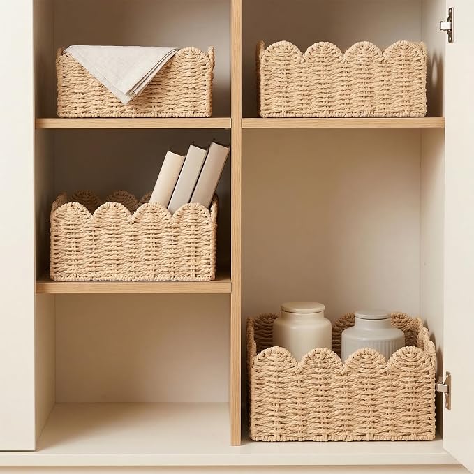 Scalloped Wicker Baskets Set of 3, Hand-Woven Storage with Handles | set of 3 beige scalloped baskets with handles. Hand-woven paper rope for shelves, bathroom or closet. Stackable, sturdy. - Image 8