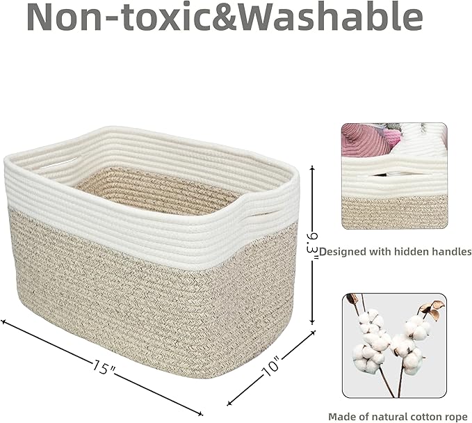 XUANGUO Woven Cotton Rope Storage Baskets 15x10x9.3" 3 Pack White and Brown | Decorative rectangular storage baskets for shelves and closets; storage bins organize clothes, toys, books and nursery items. - Image 2