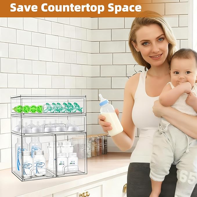 Baby Bottle Organizer, 4 Pack Stackable Storage Drawers with Labels, Clear Station Organizers Container for Pacifiers, Pump Parts, Desk Organizer Bins for Bathroom, Cabinet, Pantry, Vanity, Countertop - Image 2
