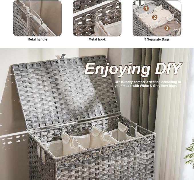 Laundry Hamper with Lid, 190L Large Laundry Basket 3 Section with 6 Removable Liner Bags & 3 Mesh Laundry Bags, Handwoven Rattan Clothes Hamper with Heightened Feet, No Install Needed, Grey - Image 6