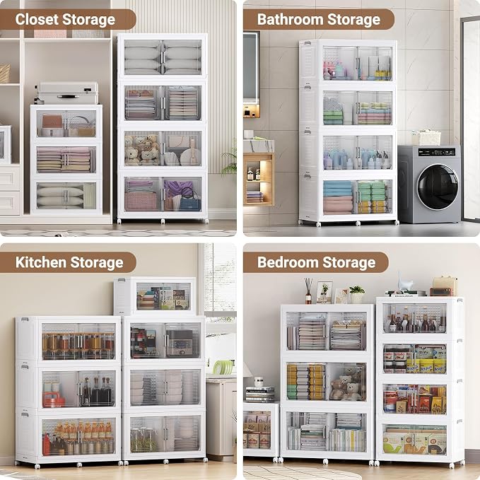 BROVIEW 800 Qt Stackable Storage Bins Foldable Cabinet, V40 White 4-Pack | Extra Large Collapsible Storage Bins with Lid Doors Wheels Dividers, Closet Organizers and Storage Drawer for Home Office - Image 6