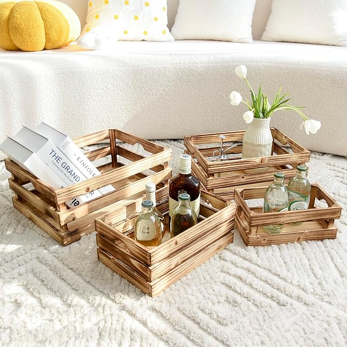 Large Wooden Crates Set of 4 Decorative Storage Box with Handles, Rustic Torched Brown Farmhouse Wooden Crates for Display, Organizer Container Baskets Box for Kitchen, Pantry, Bedroom - Image 3