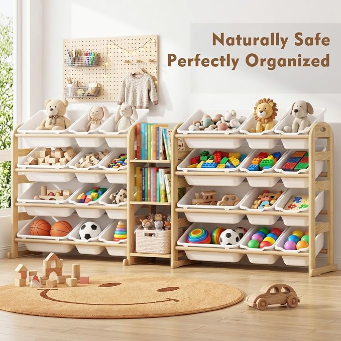Large Wooden Toy Storage Organizer, 62" W White 3-Shelf Bookcase/Bookshelf with 24 Toy Bins, Large Toy Organizers and Storage, Toy Box for Playrooms, Bedrooms Organization - Image 4