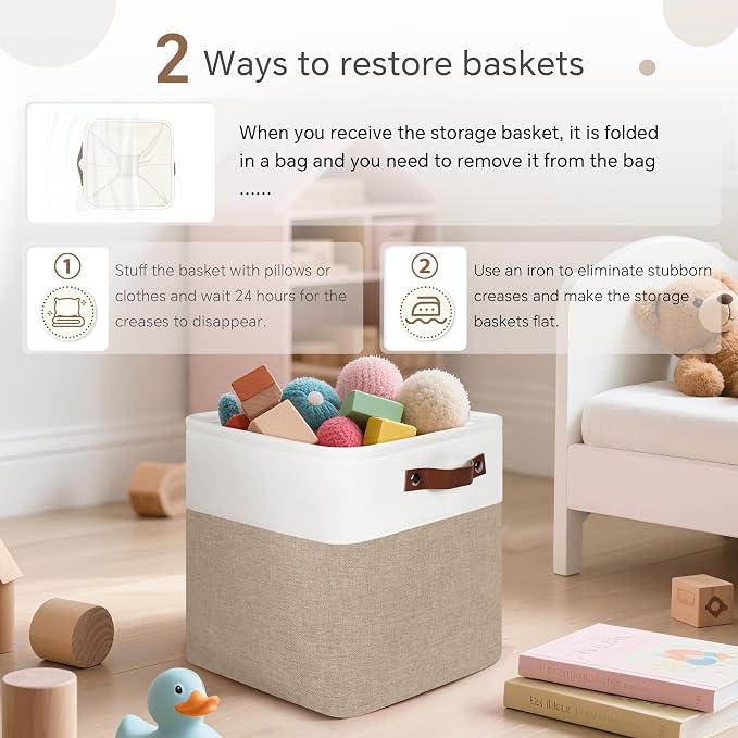 FinishingBo 11 inch Cube Storage Bin 6 Pack, Cube Organizer Bins | Fabric Storage Bins With Handles, 11x11 Storage Cubes, Shelf Basket, White/ Khaki - Image 6