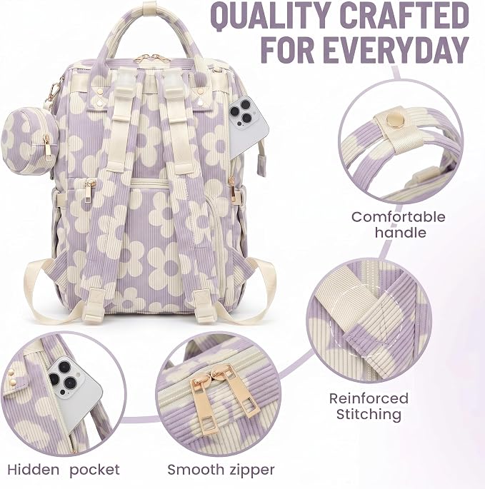 Baby Diaper Bag Backpacks for Mom Dad, Corduroy Large Capacity Multifunction Nappy Bag with Pacifier Case, Baby Travel Essentials Diaper Backpack for Boys Girls - Large Flowers Purple - Image 6