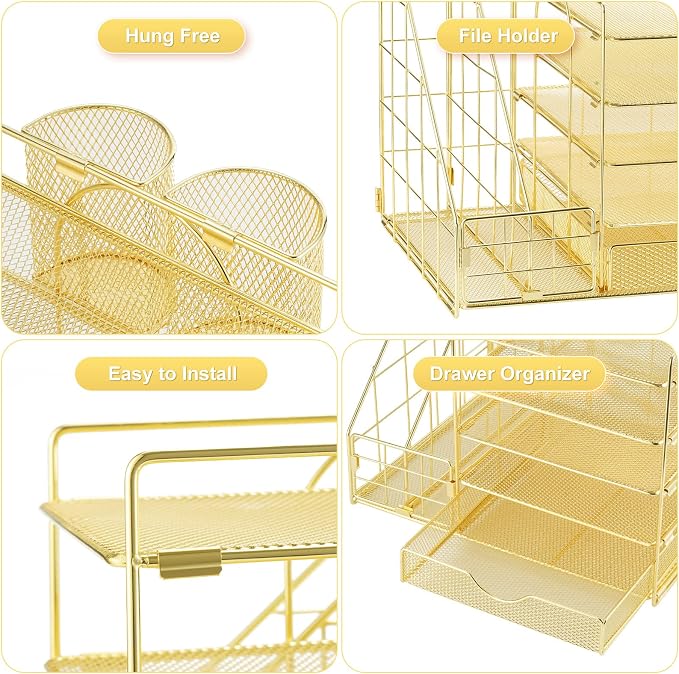Marbrasse Desk Organizer with File Holder, 5-Tier Paper Letter Tray Organizer with Drawer and 2 Pen Holder, Mesh Desktop Organizer and Storage with Magazine Holder for Office Supplies (Gold 2p) - Image 4