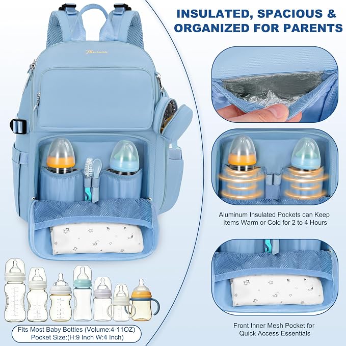 IBVIVIC Diaper Bag Backpack with Portable Changing Pad, Light Blue | Multifunctional Baby Bag for Mom Dad, Large Capacity, Stroller Straps, Insulated Bottle Pockets & Pacifier Case - Image 2
