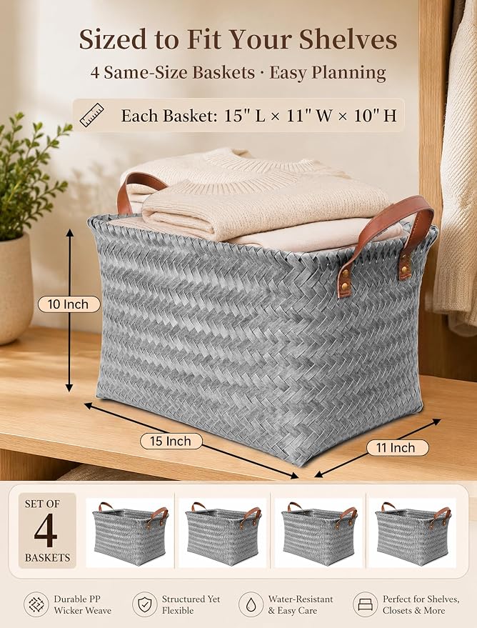 Wicker Storage Baskets, 4 Pack Woven Baskets for Shelves, Grey | PP Rattan, Water-resistant Wicker Basket, Large Baskets with Faux Leather Handles for Blanket, Laundry Organizer, Room Decor - Image 2